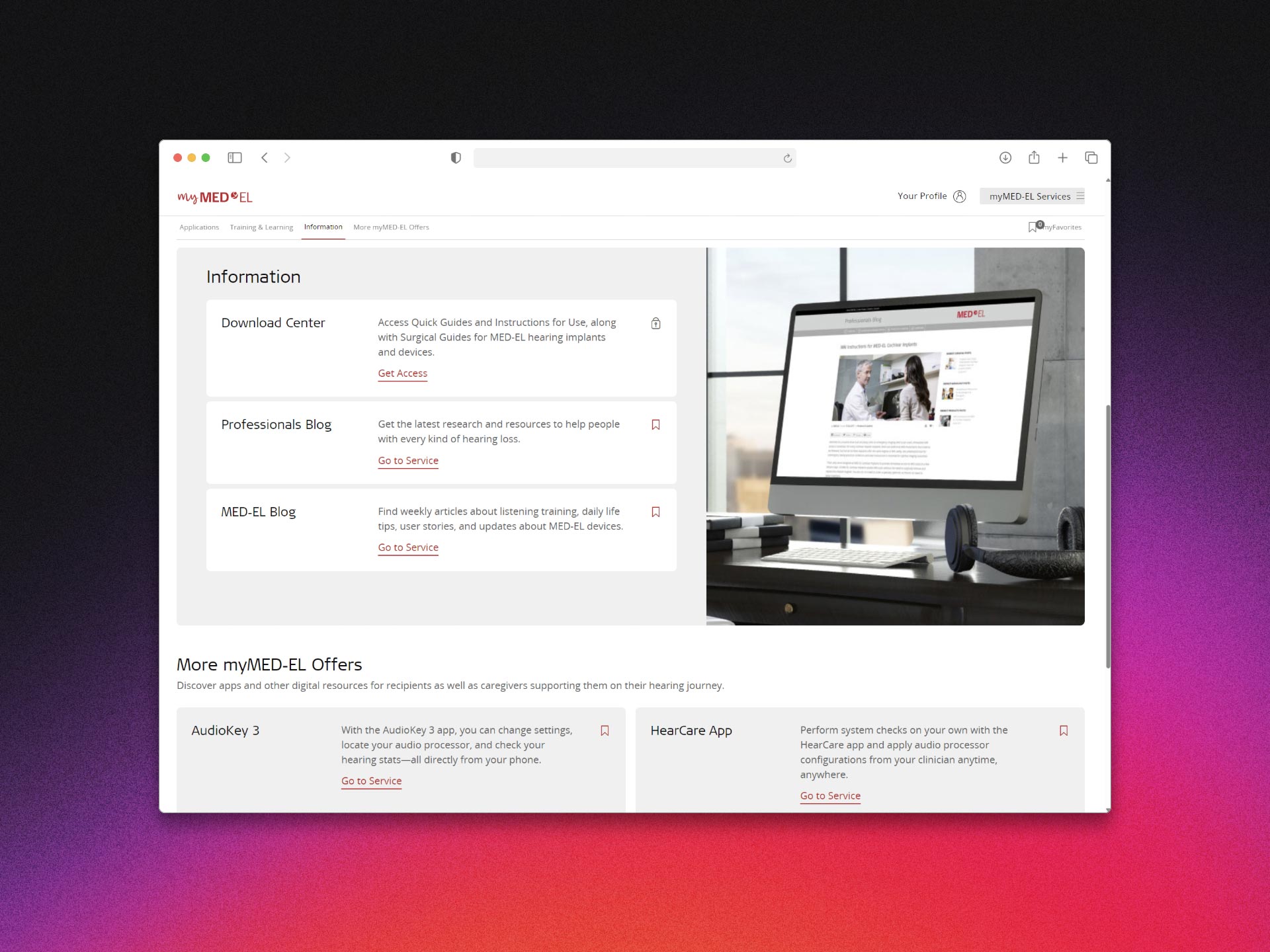 myMED-EL for Professionals delivered portal interface