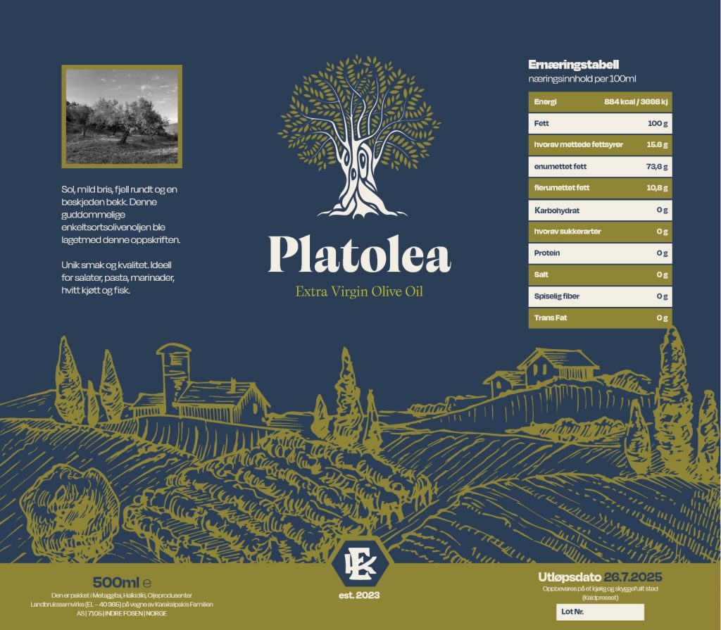 Platolea 500ml olive oil packaging