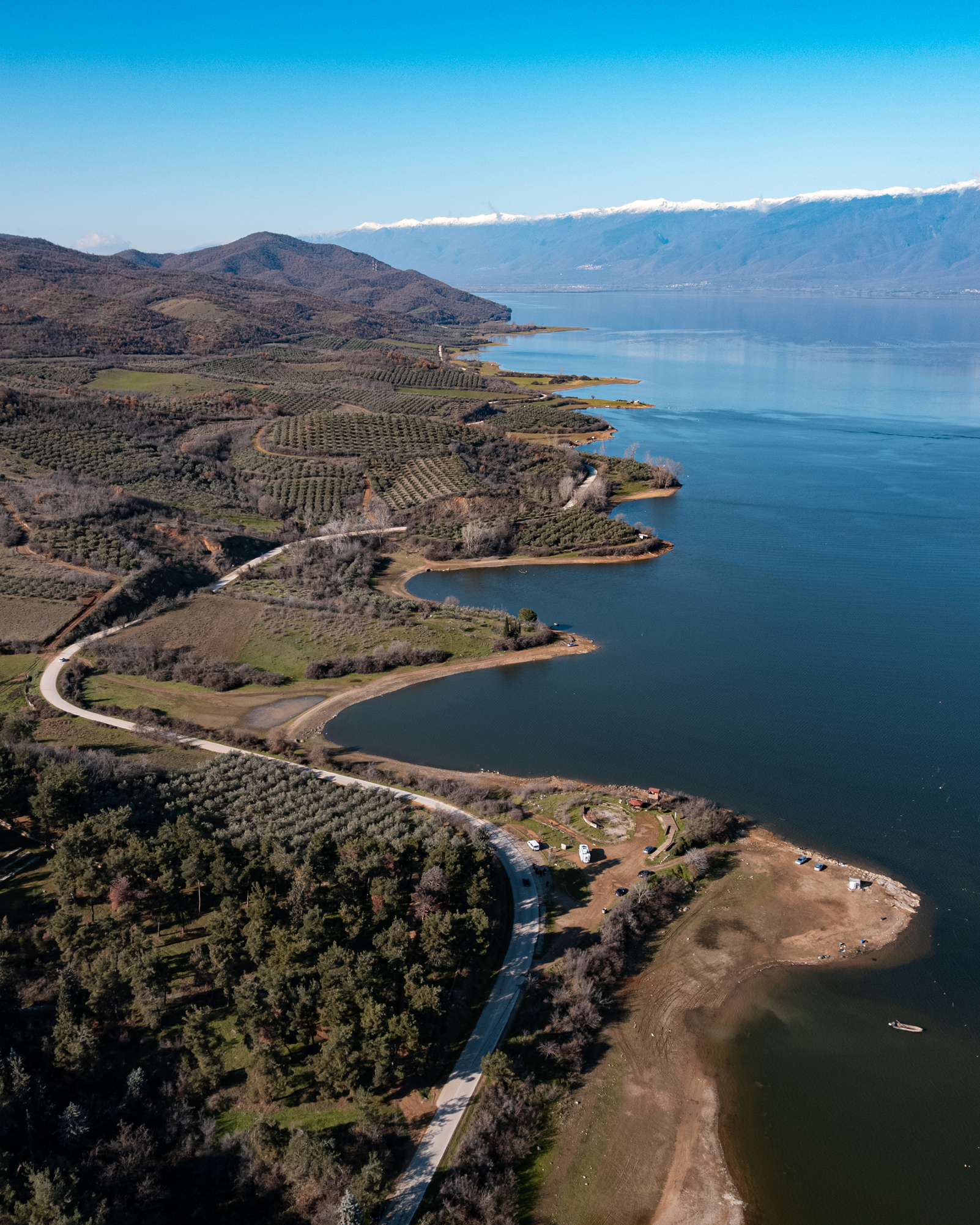 Aerial view of a winding road along the wooded shoreline of Lake Kerkini, with snowy mountains in the distance.