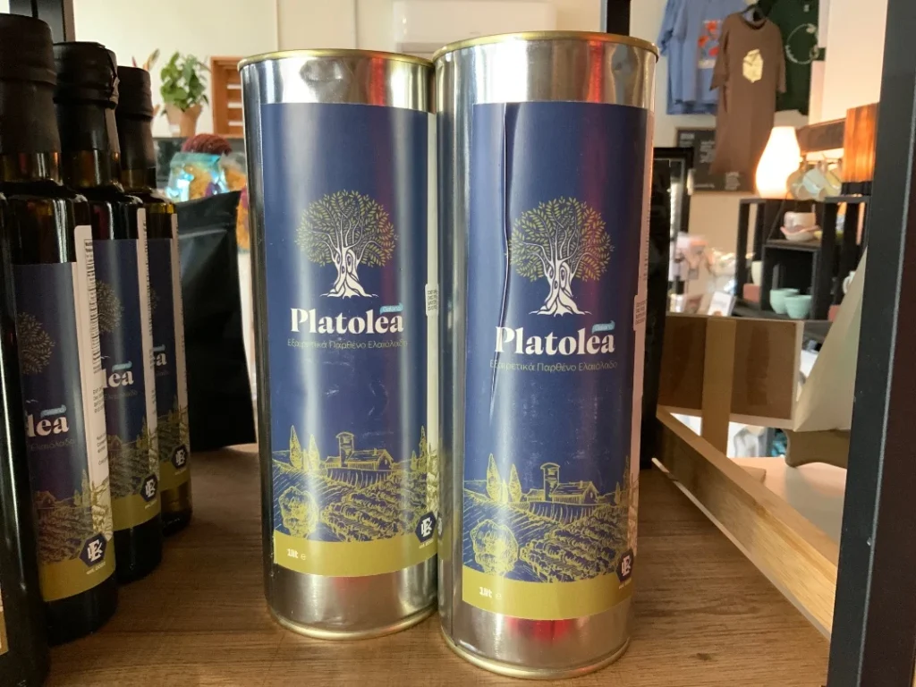 Platolea olive oil bottles showing the final packaging in production