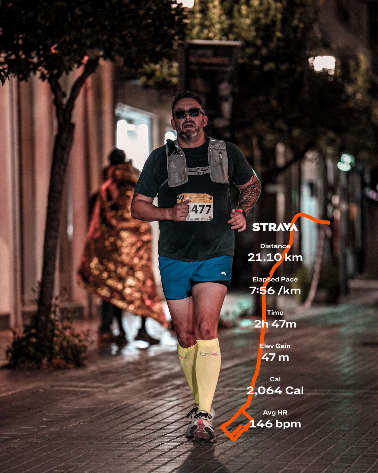 Paul running in Patras, with a Strava overlay showing his half-marathon route and activity statistics.