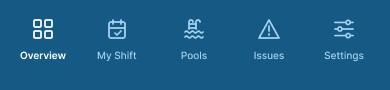 AQUA mobile navigation: Overview selected, My Shift, Pools, Issues and Settings.