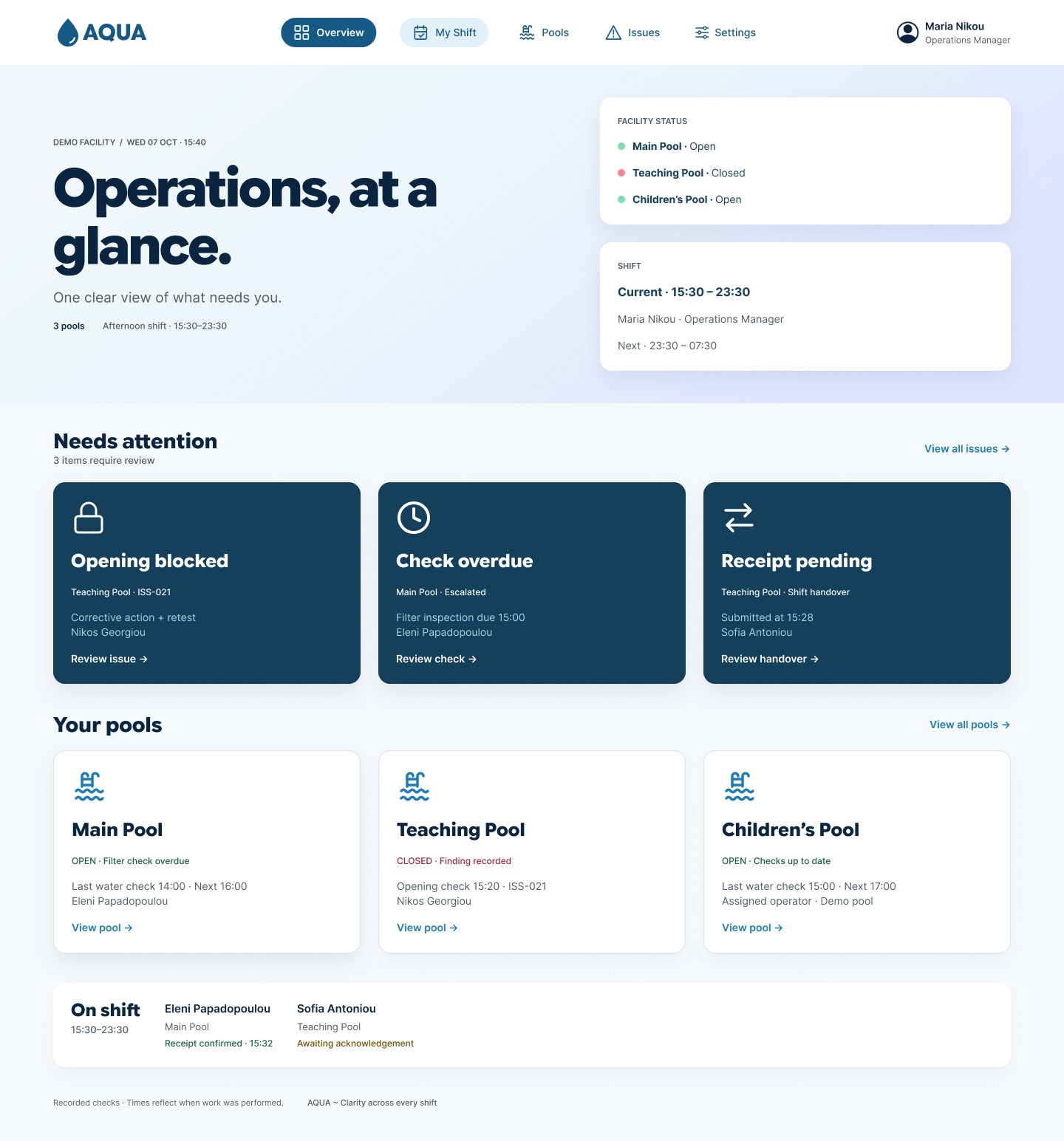 AQUA desktop overview showing pool status, pending work and next actions.