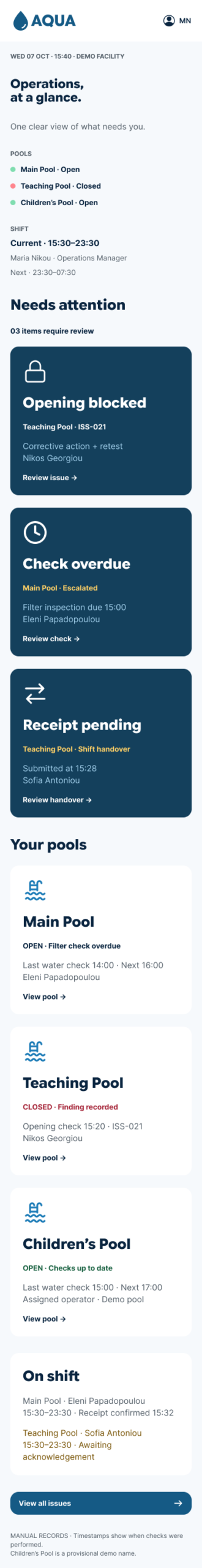 AQUA mobile overview: pool status, pending work and shift information.