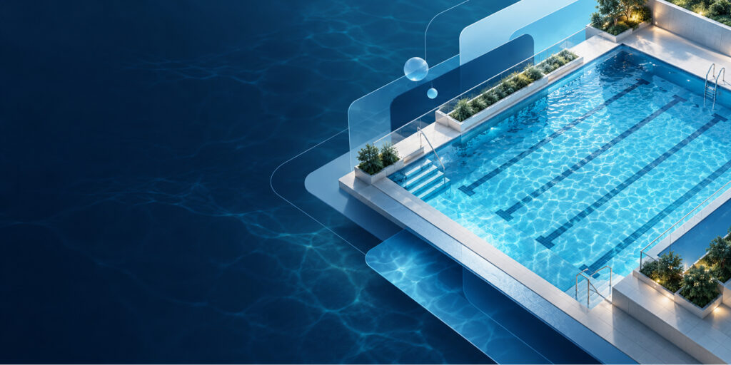 Architectural swimming pool artwork in aquatic blue and deep navy for the AQUA product design case study.
