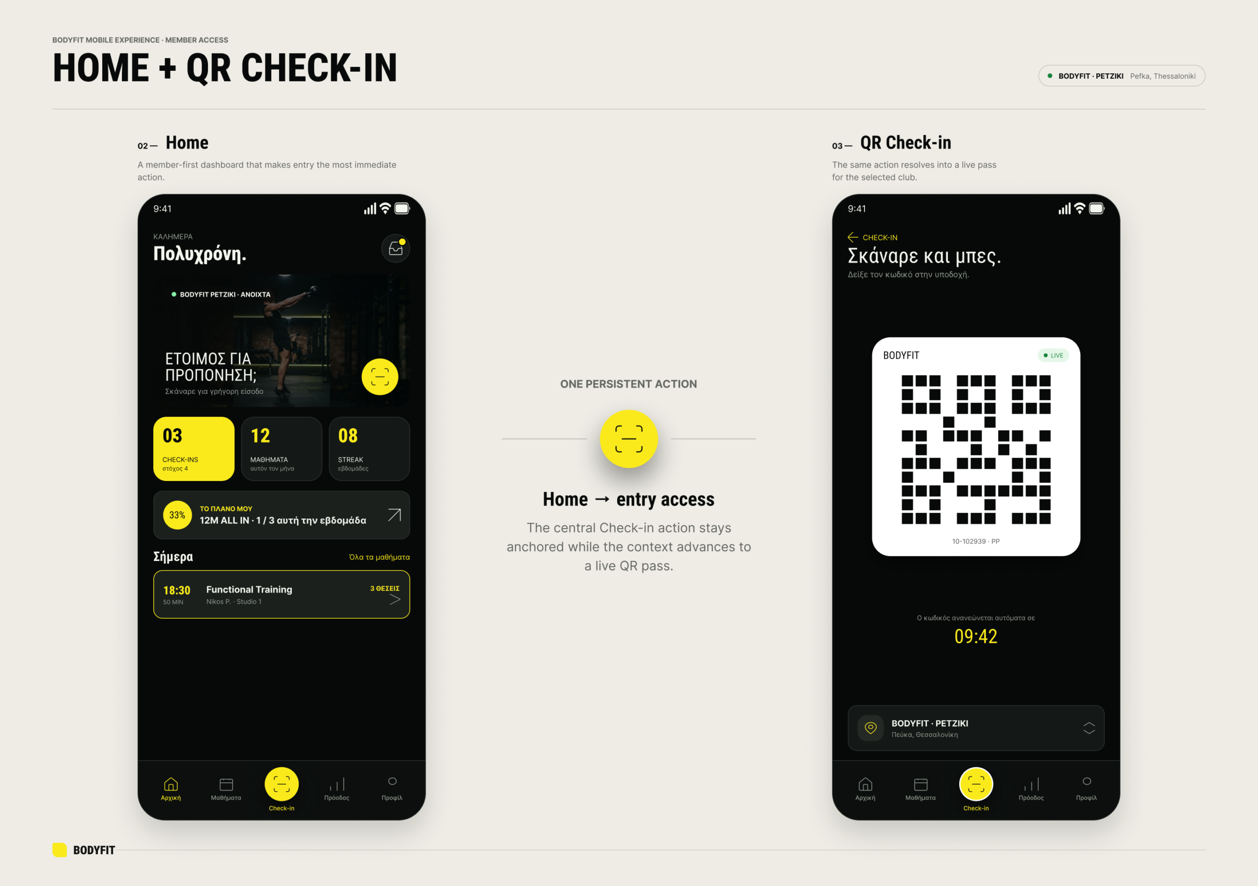 BODYfit app Home and QR check-in screens highlighting the primary member action.